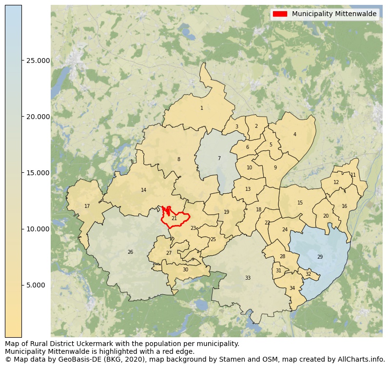 Map of Rural district Uckermark with the population per municipality.Municipality Mittenwalde is highlighted with a red edge.. This page shows a lot of information about residents (such as the distribution by age groups, family composition, gender, native or German with an immigration background, ...), homes (numbers, types, price development, use, type of property, ...) and more (car ownership, energy consumption, ...) based on open data from the German Federal Agency for Cartography, the Federal Statistical Office (DESTATIS), the Regional Statistical Offices and various other sources!
