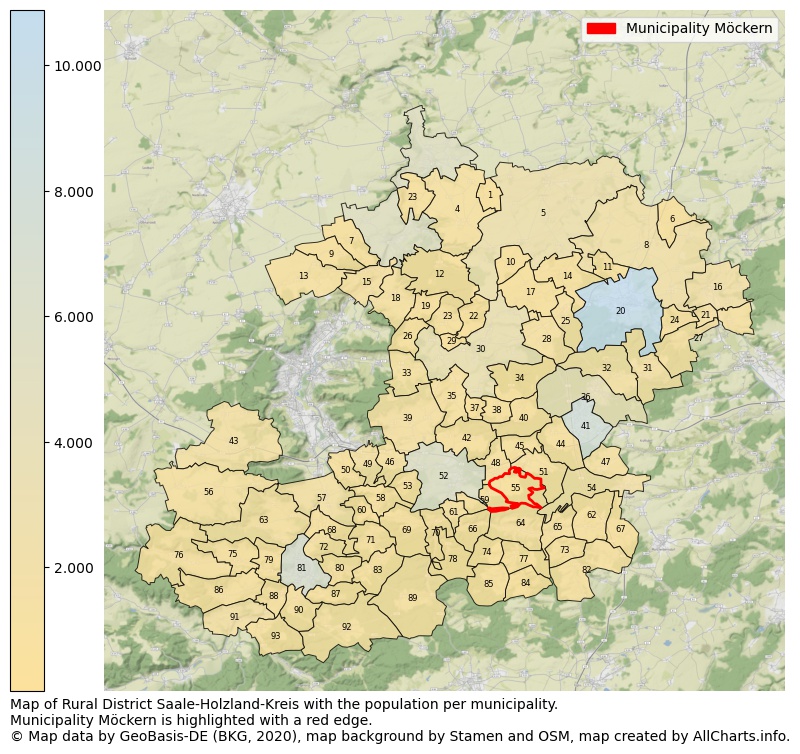 Map of Rural district Saale-Holzland-Kreis with the population per municipality.Municipality Möckern is highlighted with a red edge.. This page shows a lot of information about residents (such as the distribution by age groups, family composition, gender, native or German with an immigration background, ...), homes (numbers, types, price development, use, type of property, ...) and more (car ownership, energy consumption, ...) based on open data from the German Federal Agency for Cartography, the Federal Statistical Office (DESTATIS), the Regional Statistical Offices and various other sources!