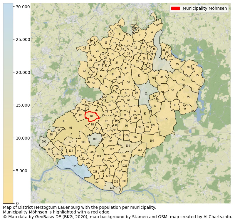 Map of District Herzogtum Lauenburg with the population per municipality.Municipality Möhnsen is highlighted with a red edge.. This page shows a lot of information about residents (such as the distribution by age groups, family composition, gender, native or German with an immigration background, ...), homes (numbers, types, price development, use, type of property, ...) and more (car ownership, energy consumption, ...) based on open data from the German Federal Agency for Cartography, the Federal Statistical Office (DESTATIS), the Regional Statistical Offices and various other sources!
