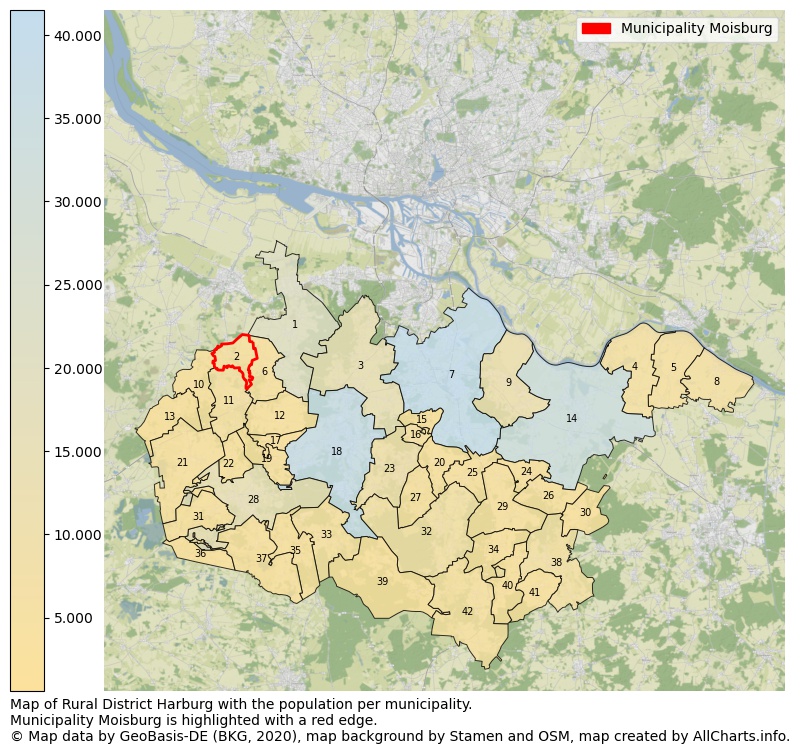 Map of Rural district Harburg with the population per municipality.Municipality Moisburg is highlighted with a red edge.. This page shows a lot of information about residents (such as the distribution by age groups, family composition, gender, native or German with an immigration background, ...), homes (numbers, types, price development, use, type of property, ...) and more (car ownership, energy consumption, ...) based on open data from the German Federal Agency for Cartography, the Federal Statistical Office (DESTATIS), the Regional Statistical Offices and various other sources!