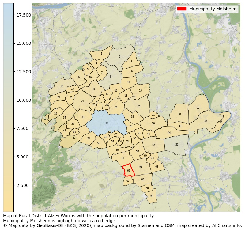 Map of Rural district Alzey-Worms with the population per municipality.Municipality Mölsheim is highlighted with a red edge.. This page shows a lot of information about residents (such as the distribution by age groups, family composition, gender, native or German with an immigration background, ...), homes (numbers, types, price development, use, type of property, ...) and more (car ownership, energy consumption, ...) based on open data from the German Federal Agency for Cartography, the Federal Statistical Office (DESTATIS), the Regional Statistical Offices and various other sources!
