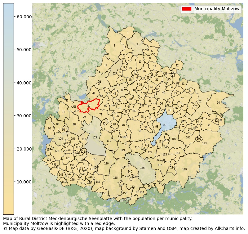 Map of Rural district Mecklenburgische Seenplatte with the population per municipality.Municipality Moltzow is highlighted with a red edge.. This page shows a lot of information about residents (such as the distribution by age groups, family composition, gender, native or German with an immigration background, ...), homes (numbers, types, price development, use, type of property, ...) and more (car ownership, energy consumption, ...) based on open data from the German Federal Agency for Cartography, the Federal Statistical Office (DESTATIS), the Regional Statistical Offices and various other sources!