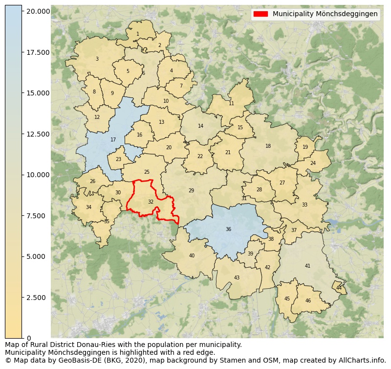 Map of Rural district Donau-Ries with the population per municipality.Municipality Mönchsdeggingen is highlighted with a red edge.. This page shows a lot of information about residents (such as the distribution by age groups, family composition, gender, native or German with an immigration background, ...), homes (numbers, types, price development, use, type of property, ...) and more (car ownership, energy consumption, ...) based on open data from the German Federal Agency for Cartography, the Federal Statistical Office (DESTATIS), the Regional Statistical Offices and various other sources!