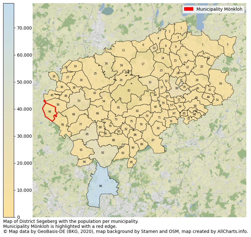 Map of District Segeberg with the population per municipality.Municipality Mönkloh is highlighted with a red edge.. This page shows a lot of information about residents (such as the distribution by age groups, family composition, gender, native or German with an immigration background, ...), homes (numbers, types, price development, use, type of property, ...) and more (car ownership, energy consumption, ...) based on open data from the German Federal Agency for Cartography, the Federal Statistical Office (DESTATIS), the Regional Statistical Offices and various other sources!