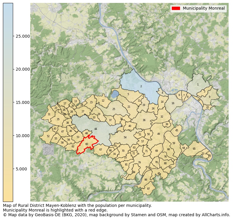 Map of Rural district Mayen-Koblenz with the population per municipality.Municipality Monreal is highlighted with a red edge.. This page shows a lot of information about residents (such as the distribution by age groups, family composition, gender, native or German with an immigration background, ...), homes (numbers, types, price development, use, type of property, ...) and more (car ownership, energy consumption, ...) based on open data from the German Federal Agency for Cartography, the Federal Statistical Office (DESTATIS), the Regional Statistical Offices and various other sources!