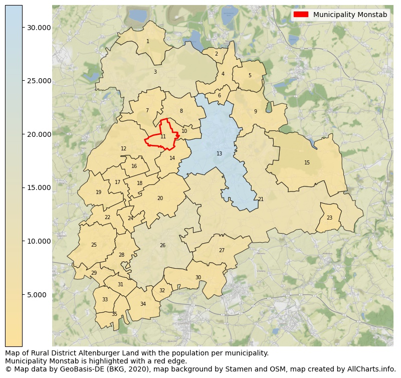 Map of Rural district Altenburger Land with the population per municipality.Municipality Monstab is highlighted with a red edge.. This page shows a lot of information about residents (such as the distribution by age groups, family composition, gender, native or German with an immigration background, ...), homes (numbers, types, price development, use, type of property, ...) and more (car ownership, energy consumption, ...) based on open data from the German Federal Agency for Cartography, the Federal Statistical Office (DESTATIS), the Regional Statistical Offices and various other sources!