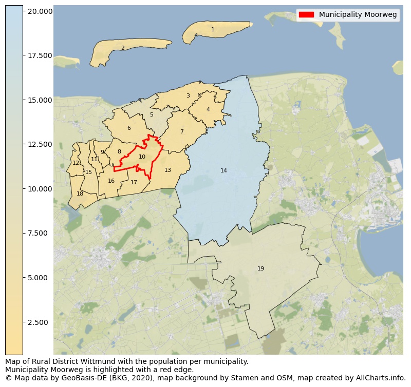 Map of Rural district Wittmund with the population per municipality.Municipality Moorweg is highlighted with a red edge.. This page shows a lot of information about residents (such as the distribution by age groups, family composition, gender, native or German with an immigration background, ...), homes (numbers, types, price development, use, type of property, ...) and more (car ownership, energy consumption, ...) based on open data from the German Federal Agency for Cartography, the Federal Statistical Office (DESTATIS), the Regional Statistical Offices and various other sources!