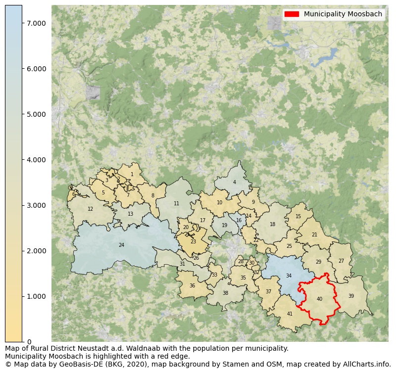 Map of Rural district Neustadt a.d. Waldnaab with the population per municipality.Municipality Moosbach is highlighted with a red edge.. This page shows a lot of information about residents (such as the distribution by age groups, family composition, gender, native or German with an immigration background, ...), homes (numbers, types, price development, use, type of property, ...) and more (car ownership, energy consumption, ...) based on open data from the German Federal Agency for Cartography, the Federal Statistical Office (DESTATIS), the Regional Statistical Offices and various other sources!