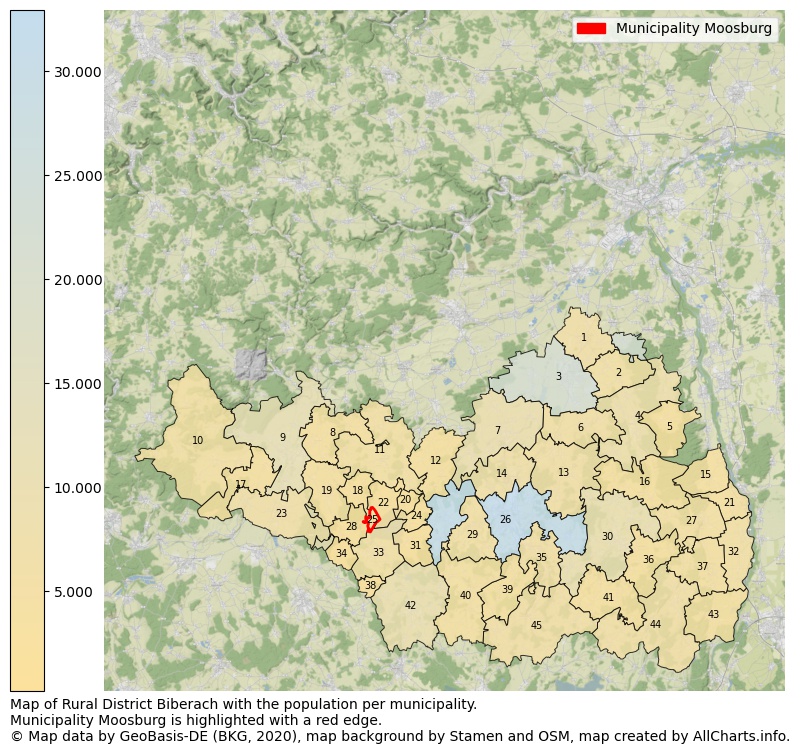 Map of Rural district Biberach with the population per municipality.Municipality Moosburg is highlighted with a red edge.. This page shows a lot of information about residents (such as the distribution by age groups, family composition, gender, native or German with an immigration background, ...), homes (numbers, types, price development, use, type of property, ...) and more (car ownership, energy consumption, ...) based on open data from the German Federal Agency for Cartography, the Federal Statistical Office (DESTATIS), the Regional Statistical Offices and various other sources!