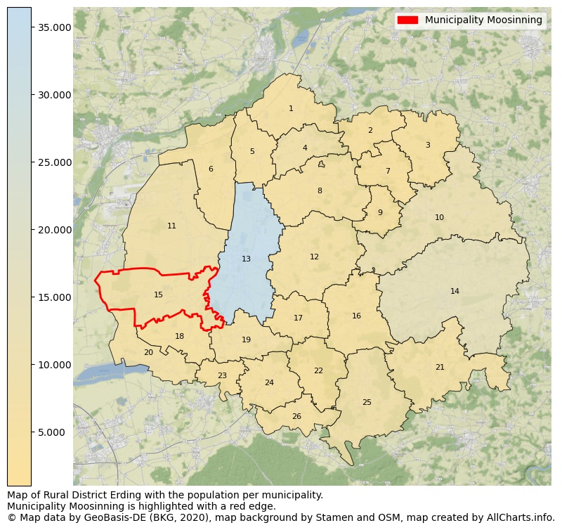 Map of Rural district Erding with the population per municipality.Municipality Moosinning is highlighted with a red edge.. This page shows a lot of information about residents (such as the distribution by age groups, family composition, gender, native or German with an immigration background, ...), homes (numbers, types, price development, use, type of property, ...) and more (car ownership, energy consumption, ...) based on open data from the German Federal Agency for Cartography, the Federal Statistical Office (DESTATIS), the Regional Statistical Offices and various other sources!