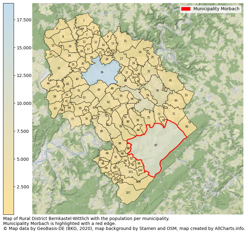 Map of Rural district Bernkastel-Wittlich with the population per municipality.Municipality Morbach is highlighted with a red edge.. This page shows a lot of information about residents (such as the distribution by age groups, family composition, gender, native or German with an immigration background, ...), homes (numbers, types, price development, use, type of property, ...) and more (car ownership, energy consumption, ...) based on open data from the German Federal Agency for Cartography, the Federal Statistical Office (DESTATIS), the Regional Statistical Offices and various other sources!