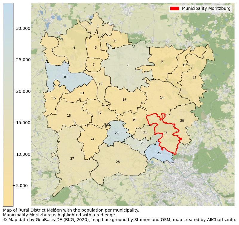 Map of Rural district Meißen with the population per municipality.Municipality Moritzburg is highlighted with a red edge.. This page shows a lot of information about residents (such as the distribution by age groups, family composition, gender, native or German with an immigration background, ...), homes (numbers, types, price development, use, type of property, ...) and more (car ownership, energy consumption, ...) based on open data from the German Federal Agency for Cartography, the Federal Statistical Office (DESTATIS), the Regional Statistical Offices and various other sources!