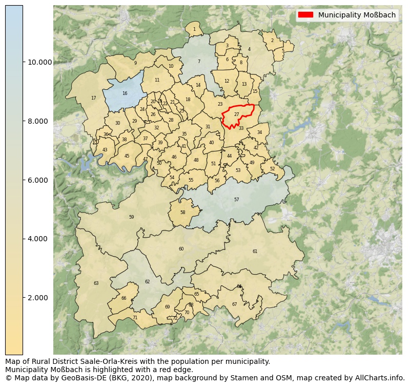 Map of Rural district Saale-Orla-Kreis with the population per municipality.Municipality Moßbach is highlighted with a red edge.. This page shows a lot of information about residents (such as the distribution by age groups, family composition, gender, native or German with an immigration background, ...), homes (numbers, types, price development, use, type of property, ...) and more (car ownership, energy consumption, ...) based on open data from the German Federal Agency for Cartography, the Federal Statistical Office (DESTATIS), the Regional Statistical Offices and various other sources!