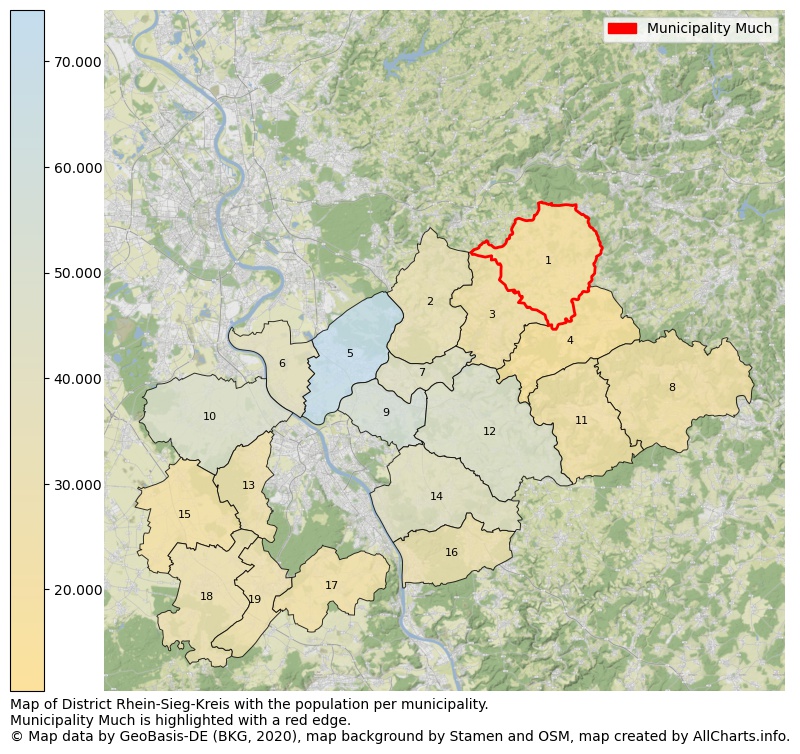 Map of District Rhein-Sieg-Kreis with the population per municipality.Municipality Much is highlighted with a red edge.. This page shows a lot of information about residents (such as the distribution by age groups, family composition, gender, native or German with an immigration background, ...), homes (numbers, types, price development, use, type of property, ...) and more (car ownership, energy consumption, ...) based on open data from the German Federal Agency for Cartography, the Federal Statistical Office (DESTATIS), the Regional Statistical Offices and various other sources!