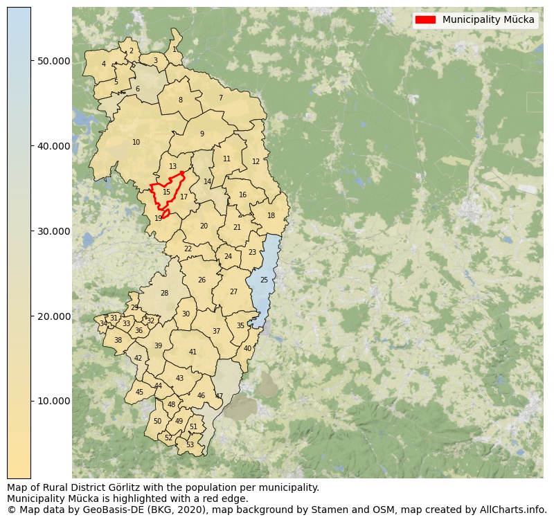 Map of Rural district Görlitz with the population per municipality.Municipality Mücka is highlighted with a red edge.. This page shows a lot of information about residents (such as the distribution by age groups, family composition, gender, native or German with an immigration background, ...), homes (numbers, types, price development, use, type of property, ...) and more (car ownership, energy consumption, ...) based on open data from the German Federal Agency for Cartography, the Federal Statistical Office (DESTATIS), the Regional Statistical Offices and various other sources!