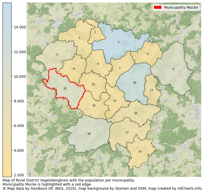 Map of Rural district Vogelsbergkreis with the population per municipality.Municipality Mücke is highlighted with a red edge.. This page shows a lot of information about residents (such as the distribution by age groups, family composition, gender, native or German with an immigration background, ...), homes (numbers, types, price development, use, type of property, ...) and more (car ownership, energy consumption, ...) based on open data from the German Federal Agency for Cartography, the Federal Statistical Office (DESTATIS), the Regional Statistical Offices and various other sources!