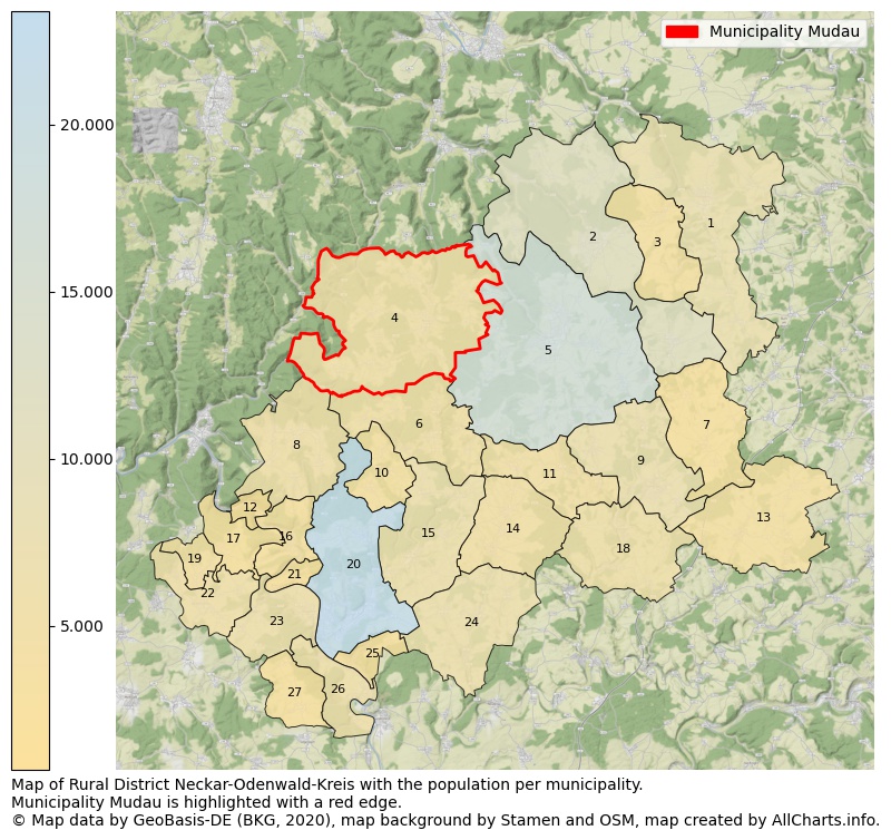 Map of Rural district Neckar-Odenwald-Kreis with the population per municipality.Municipality Mudau is highlighted with a red edge.. This page shows a lot of information about residents (such as the distribution by age groups, family composition, gender, native or German with an immigration background, ...), homes (numbers, types, price development, use, type of property, ...) and more (car ownership, energy consumption, ...) based on open data from the German Federal Agency for Cartography, the Federal Statistical Office (DESTATIS), the Regional Statistical Offices and various other sources!