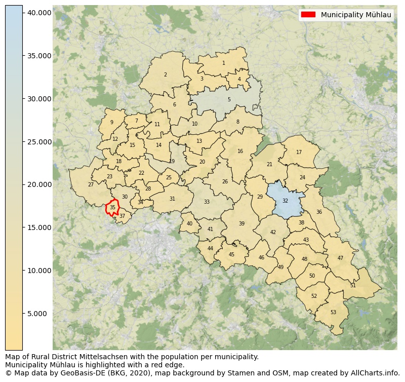 Map of Rural district Mittelsachsen with the population per municipality.Municipality Mühlau is highlighted with a red edge.. This page shows a lot of information about residents (such as the distribution by age groups, family composition, gender, native or German with an immigration background, ...), homes (numbers, types, price development, use, type of property, ...) and more (car ownership, energy consumption, ...) based on open data from the German Federal Agency for Cartography, the Federal Statistical Office (DESTATIS), the Regional Statistical Offices and various other sources!