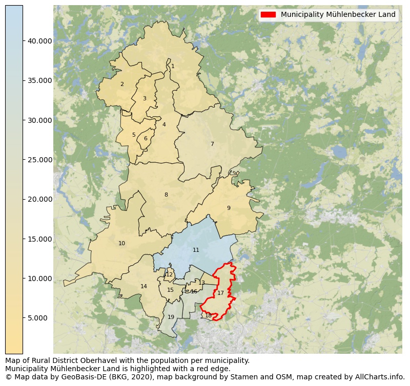 Map of Rural district Oberhavel with the population per municipality.Municipality Mühlenbecker Land is highlighted with a red edge.. This page shows a lot of information about residents (such as the distribution by age groups, family composition, gender, native or German with an immigration background, ...), homes (numbers, types, price development, use, type of property, ...) and more (car ownership, energy consumption, ...) based on open data from the German Federal Agency for Cartography, the Federal Statistical Office (DESTATIS), the Regional Statistical Offices and various other sources!