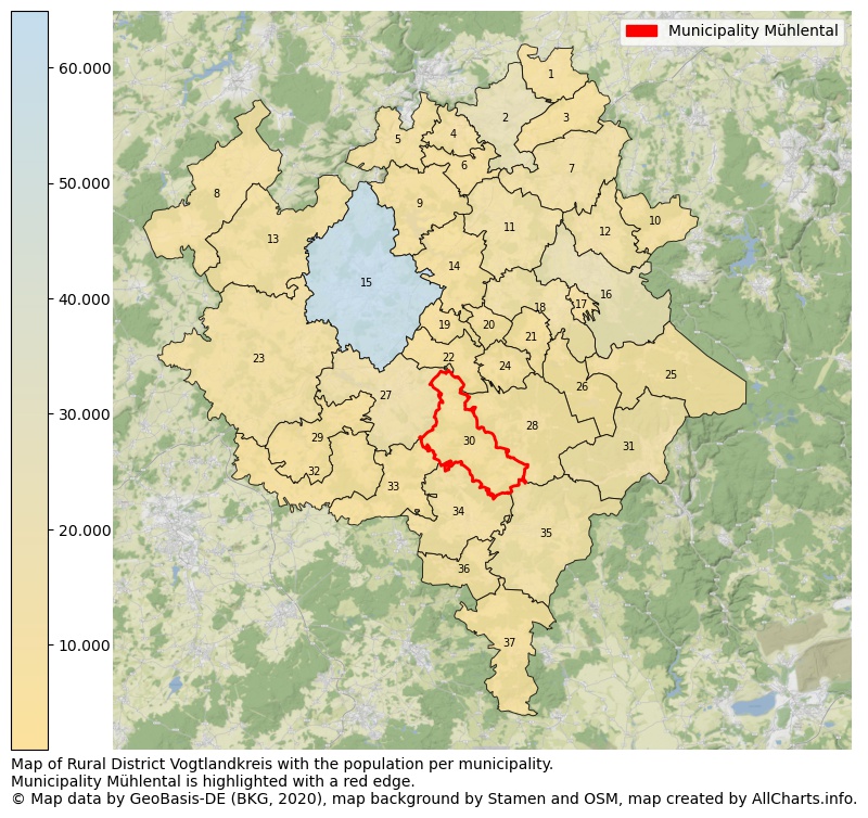 Map of Rural district Vogtlandkreis with the population per municipality.Municipality Mühlental is highlighted with a red edge.. This page shows a lot of information about residents (such as the distribution by age groups, family composition, gender, native or German with an immigration background, ...), homes (numbers, types, price development, use, type of property, ...) and more (car ownership, energy consumption, ...) based on open data from the German Federal Agency for Cartography, the Federal Statistical Office (DESTATIS), the Regional Statistical Offices and various other sources!