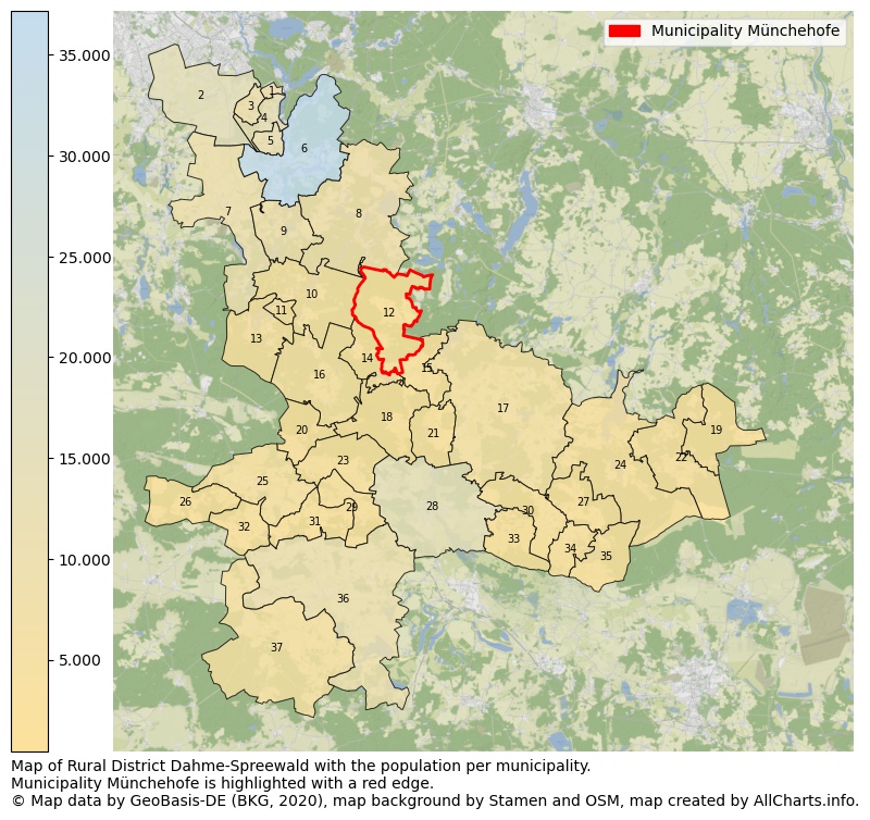 Map of Rural district Dahme-Spreewald with the population per municipality.Municipality Münchehofe is highlighted with a red edge.. This page shows a lot of information about residents (such as the distribution by age groups, family composition, gender, native or German with an immigration background, ...), homes (numbers, types, price development, use, type of property, ...) and more (car ownership, energy consumption, ...) based on open data from the German Federal Agency for Cartography, the Federal Statistical Office (DESTATIS), the Regional Statistical Offices and various other sources!