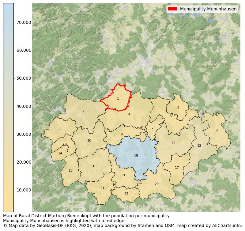 Map of Rural district Marburg-Biedenkopf with the population per municipality.Municipality Münchhausen is highlighted with a red edge.. This page shows a lot of information about residents (such as the distribution by age groups, family composition, gender, native or German with an immigration background, ...), homes (numbers, types, price development, use, type of property, ...) and more (car ownership, energy consumption, ...) based on open data from the German Federal Agency for Cartography, the Federal Statistical Office (DESTATIS), the Regional Statistical Offices and various other sources!