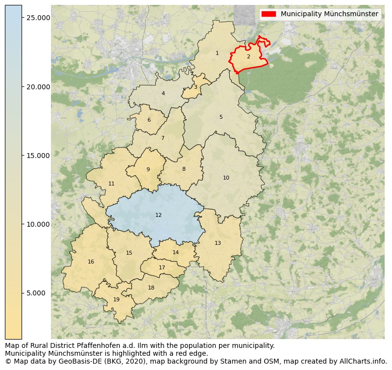 Map of Rural district Pfaffenhofen a.d. Ilm with the population per municipality.Municipality Münchsmünster is highlighted with a red edge.. This page shows a lot of information about residents (such as the distribution by age groups, family composition, gender, native or German with an immigration background, ...), homes (numbers, types, price development, use, type of property, ...) and more (car ownership, energy consumption, ...) based on open data from the German Federal Agency for Cartography, the Federal Statistical Office (DESTATIS), the Regional Statistical Offices and various other sources!