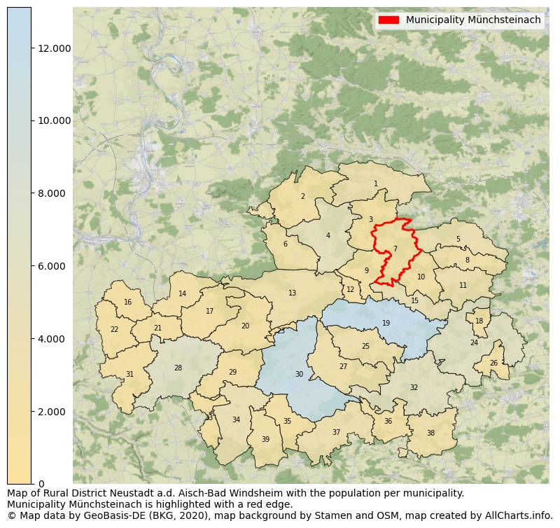 Map of Rural district Neustadt a.d. Aisch-Bad Windsheim with the population per municipality.Municipality Münchsteinach is highlighted with a red edge.. This page shows a lot of information about residents (such as the distribution by age groups, family composition, gender, native or German with an immigration background, ...), homes (numbers, types, price development, use, type of property, ...) and more (car ownership, energy consumption, ...) based on open data from the German Federal Agency for Cartography, the Federal Statistical Office (DESTATIS), the Regional Statistical Offices and various other sources!