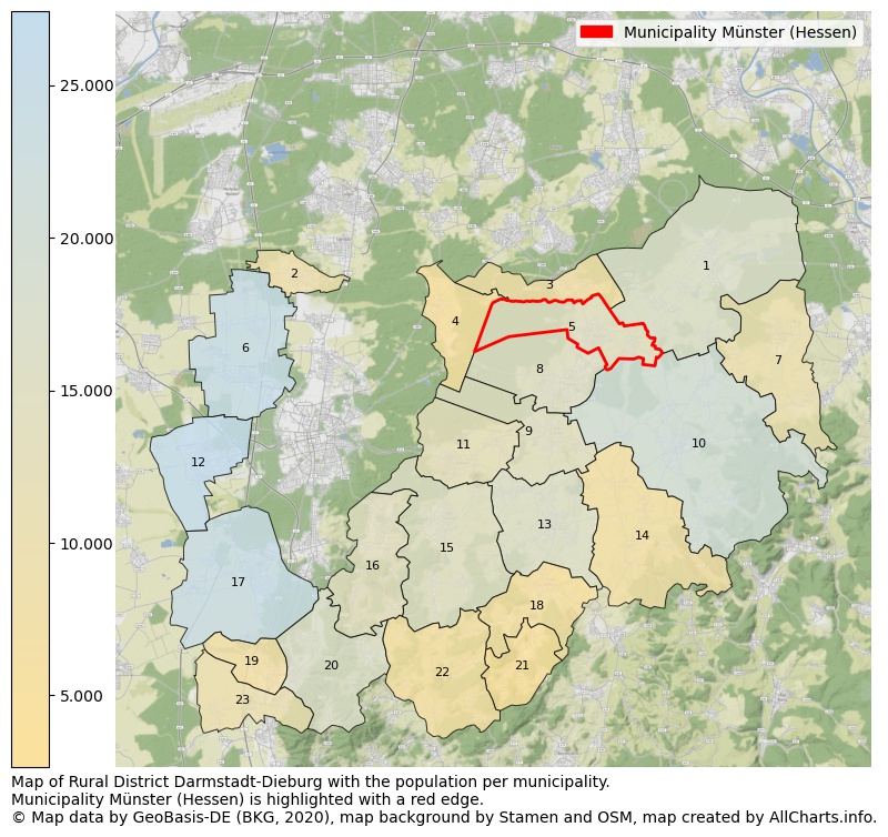 Map of Rural district Darmstadt-Dieburg with the population per municipality.Municipality Münster (Hessen) is highlighted with a red edge.. This page shows a lot of information about residents (such as the distribution by age groups, family composition, gender, native or German with an immigration background, ...), homes (numbers, types, price development, use, type of property, ...) and more (car ownership, energy consumption, ...) based on open data from the German Federal Agency for Cartography, the Federal Statistical Office (DESTATIS), the Regional Statistical Offices and various other sources!