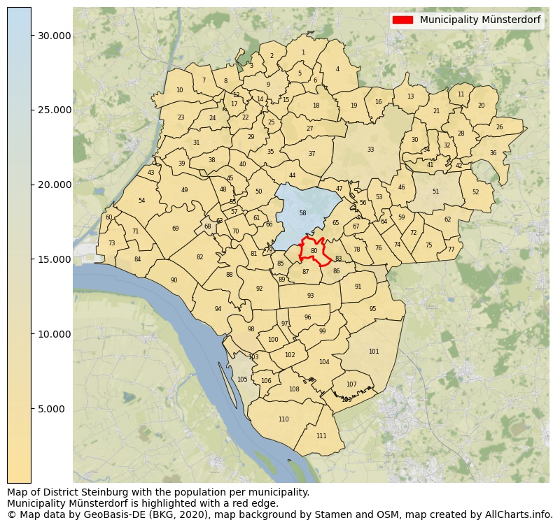 Map of District Steinburg with the population per municipality.Municipality Münsterdorf is highlighted with a red edge.. This page shows a lot of information about residents (such as the distribution by age groups, family composition, gender, native or German with an immigration background, ...), homes (numbers, types, price development, use, type of property, ...) and more (car ownership, energy consumption, ...) based on open data from the German Federal Agency for Cartography, the Federal Statistical Office (DESTATIS), the Regional Statistical Offices and various other sources!