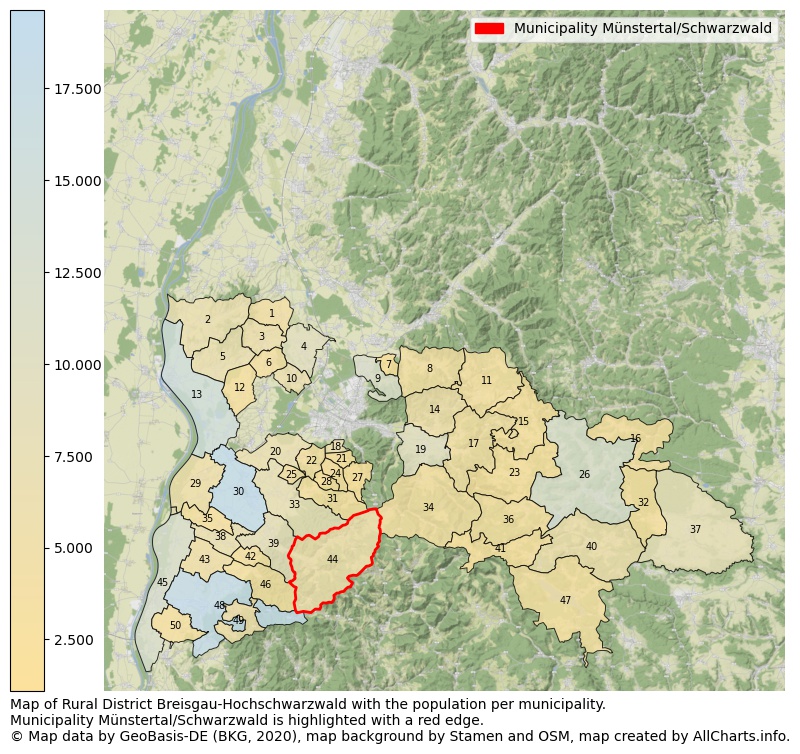 Map of Rural district Breisgau-Hochschwarzwald with the population per municipality.Municipality Münstertal/Schwarzwald is highlighted with a red edge.. This page shows a lot of information about residents (such as the distribution by age groups, family composition, gender, native or German with an immigration background, ...), homes (numbers, types, price development, use, type of property, ...) and more (car ownership, energy consumption, ...) based on open data from the German Federal Agency for Cartography, the Federal Statistical Office (DESTATIS), the Regional Statistical Offices and various other sources!