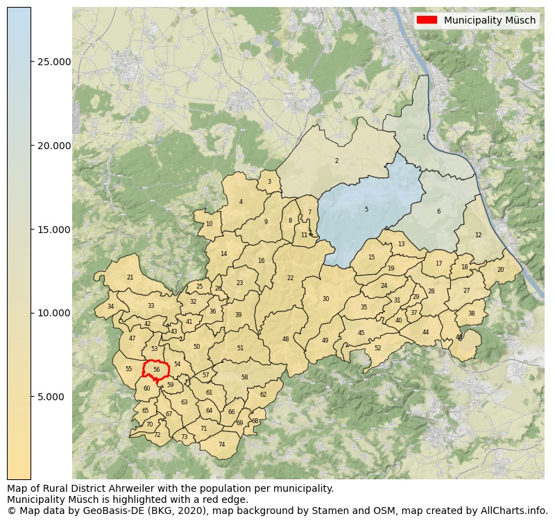 Map of Rural district Ahrweiler with the population per municipality.Municipality Müsch is highlighted with a red edge.. This page shows a lot of information about residents (such as the distribution by age groups, family composition, gender, native or German with an immigration background, ...), homes (numbers, types, price development, use, type of property, ...) and more (car ownership, energy consumption, ...) based on open data from the German Federal Agency for Cartography, the Federal Statistical Office (DESTATIS), the Regional Statistical Offices and various other sources!