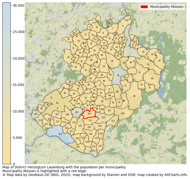 Map of District Herzogtum Lauenburg with the population per municipality.Municipality Müssen is highlighted with a red edge.. This page shows a lot of information about residents (such as the distribution by age groups, family composition, gender, native or German with an immigration background, ...), homes (numbers, types, price development, use, type of property, ...) and more (car ownership, energy consumption, ...) based on open data from the German Federal Agency for Cartography, the Federal Statistical Office (DESTATIS), the Regional Statistical Offices and various other sources!