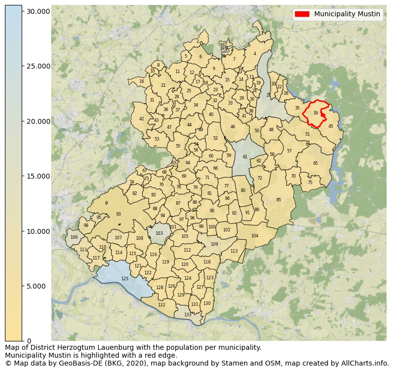 Map of District Herzogtum Lauenburg with the population per municipality.Municipality Mustin is highlighted with a red edge.. This page shows a lot of information about residents (such as the distribution by age groups, family composition, gender, native or German with an immigration background, ...), homes (numbers, types, price development, use, type of property, ...) and more (car ownership, energy consumption, ...) based on open data from the German Federal Agency for Cartography, the Federal Statistical Office (DESTATIS), the Regional Statistical Offices and various other sources!