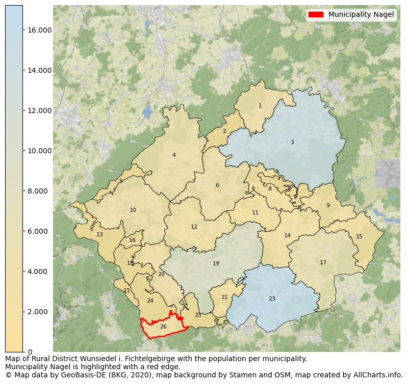 Map of Rural district Wunsiedel i. Fichtelgebirge with the population per municipality.Municipality Nagel is highlighted with a red edge.. This page shows a lot of information about residents (such as the distribution by age groups, family composition, gender, native or German with an immigration background, ...), homes (numbers, types, price development, use, type of property, ...) and more (car ownership, energy consumption, ...) based on open data from the German Federal Agency for Cartography, the Federal Statistical Office (DESTATIS), the Regional Statistical Offices and various other sources!