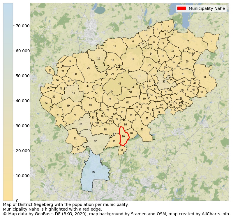 Map of District Segeberg with the population per municipality.Municipality Nahe is highlighted with a red edge.. This page shows a lot of information about residents (such as the distribution by age groups, family composition, gender, native or German with an immigration background, ...), homes (numbers, types, price development, use, type of property, ...) and more (car ownership, energy consumption, ...) based on open data from the German Federal Agency for Cartography, the Federal Statistical Office (DESTATIS), the Regional Statistical Offices and various other sources!