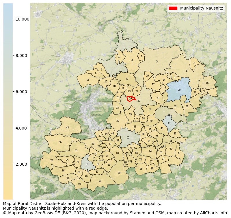 Map of Rural district Saale-Holzland-Kreis with the population per municipality.Municipality Nausnitz is highlighted with a red edge.. This page shows a lot of information about residents (such as the distribution by age groups, family composition, gender, native or German with an immigration background, ...), homes (numbers, types, price development, use, type of property, ...) and more (car ownership, energy consumption, ...) based on open data from the German Federal Agency for Cartography, the Federal Statistical Office (DESTATIS), the Regional Statistical Offices and various other sources!