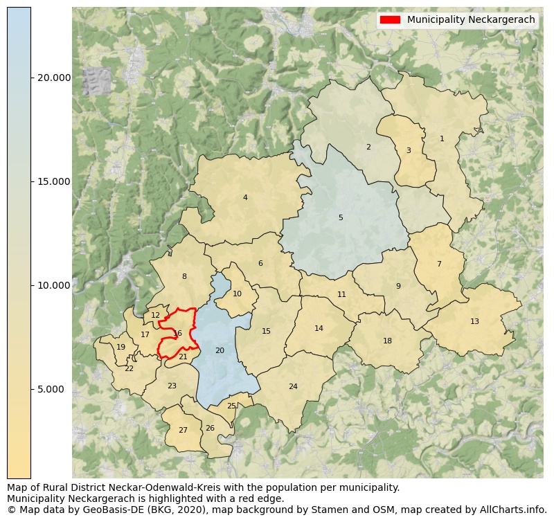 Map of Rural district Neckar-Odenwald-Kreis with the population per municipality.Municipality Neckargerach is highlighted with a red edge.. This page shows a lot of information about residents (such as the distribution by age groups, family composition, gender, native or German with an immigration background, ...), homes (numbers, types, price development, use, type of property, ...) and more (car ownership, energy consumption, ...) based on open data from the German Federal Agency for Cartography, the Federal Statistical Office (DESTATIS), the Regional Statistical Offices and various other sources!