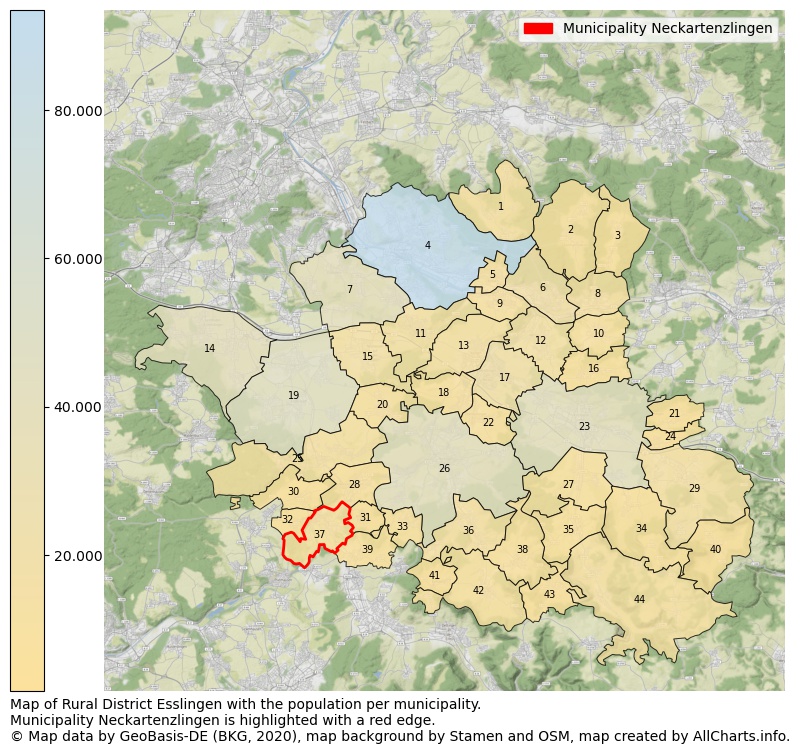 Map of Rural district Esslingen with the population per municipality.Municipality Neckartenzlingen is highlighted with a red edge.. This page shows a lot of information about residents (such as the distribution by age groups, family composition, gender, native or German with an immigration background, ...), homes (numbers, types, price development, use, type of property, ...) and more (car ownership, energy consumption, ...) based on open data from the German Federal Agency for Cartography, the Federal Statistical Office (DESTATIS), the Regional Statistical Offices and various other sources!