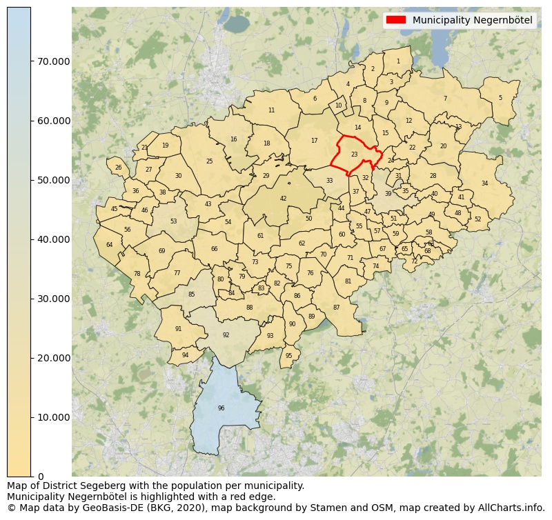 Map of District Segeberg with the population per municipality.Municipality Negernbötel is highlighted with a red edge.. This page shows a lot of information about residents (such as the distribution by age groups, family composition, gender, native or German with an immigration background, ...), homes (numbers, types, price development, use, type of property, ...) and more (car ownership, energy consumption, ...) based on open data from the German Federal Agency for Cartography, the Federal Statistical Office (DESTATIS), the Regional Statistical Offices and various other sources!