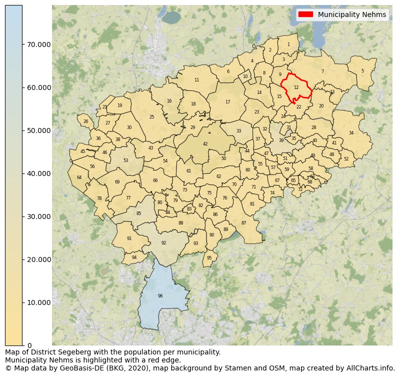Map of District Segeberg with the population per municipality.Municipality Nehms is highlighted with a red edge.. This page shows a lot of information about residents (such as the distribution by age groups, family composition, gender, native or German with an immigration background, ...), homes (numbers, types, price development, use, type of property, ...) and more (car ownership, energy consumption, ...) based on open data from the German Federal Agency for Cartography, the Federal Statistical Office (DESTATIS), the Regional Statistical Offices and various other sources!