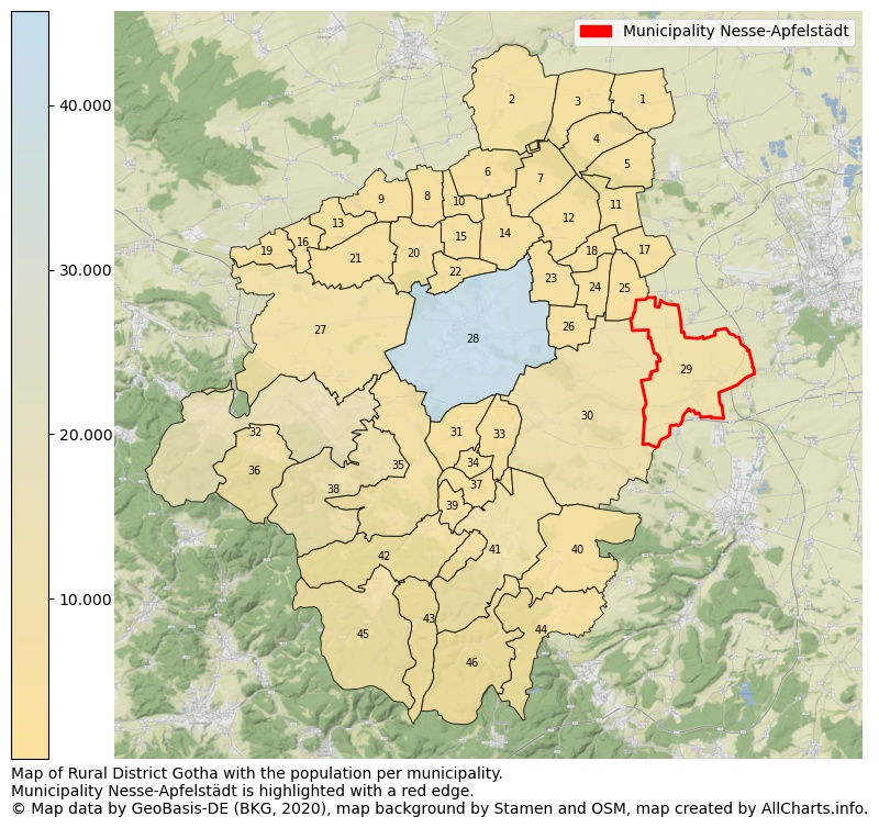 Map of Rural district Gotha with the population per municipality.Municipality Nesse-Apfelstädt is highlighted with a red edge.. This page shows a lot of information about residents (such as the distribution by age groups, family composition, gender, native or German with an immigration background, ...), homes (numbers, types, price development, use, type of property, ...) and more (car ownership, energy consumption, ...) based on open data from the German Federal Agency for Cartography, the Federal Statistical Office (DESTATIS), the Regional Statistical Offices and various other sources!
