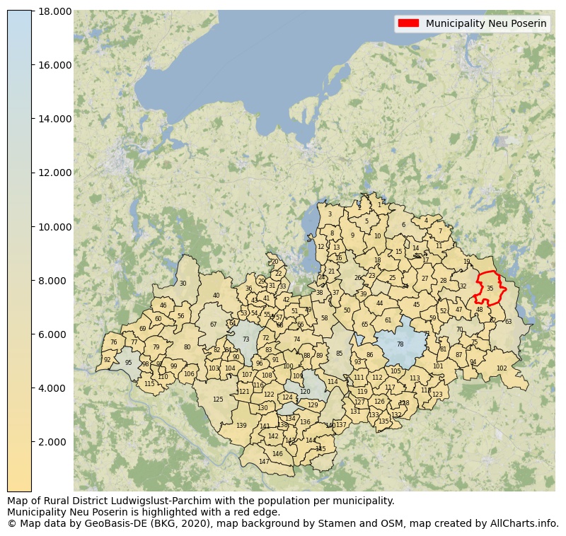 Map of Rural district Ludwigslust-Parchim with the population per municipality.Municipality Neu Poserin is highlighted with a red edge.. This page shows a lot of information about residents (such as the distribution by age groups, family composition, gender, native or German with an immigration background, ...), homes (numbers, types, price development, use, type of property, ...) and more (car ownership, energy consumption, ...) based on open data from the German Federal Agency for Cartography, the Federal Statistical Office (DESTATIS), the Regional Statistical Offices and various other sources!