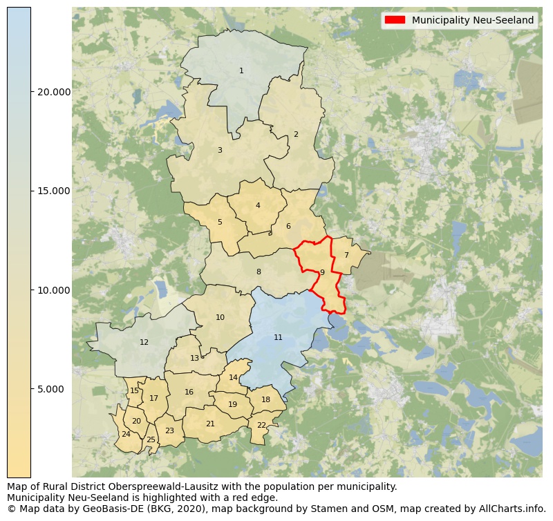 Map of Rural district Oberspreewald-Lausitz with the population per municipality.Municipality Neu-Seeland is highlighted with a red edge.. This page shows a lot of information about residents (such as the distribution by age groups, family composition, gender, native or German with an immigration background, ...), homes (numbers, types, price development, use, type of property, ...) and more (car ownership, energy consumption, ...) based on open data from the German Federal Agency for Cartography, the Federal Statistical Office (DESTATIS), the Regional Statistical Offices and various other sources!