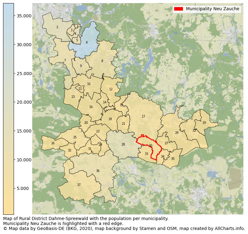 Map of Rural district Dahme-Spreewald with the population per municipality.Municipality Neu Zauche is highlighted with a red edge.. This page shows a lot of information about residents (such as the distribution by age groups, family composition, gender, native or German with an immigration background, ...), homes (numbers, types, price development, use, type of property, ...) and more (car ownership, energy consumption, ...) based on open data from the German Federal Agency for Cartography, the Federal Statistical Office (DESTATIS), the Regional Statistical Offices and various other sources!