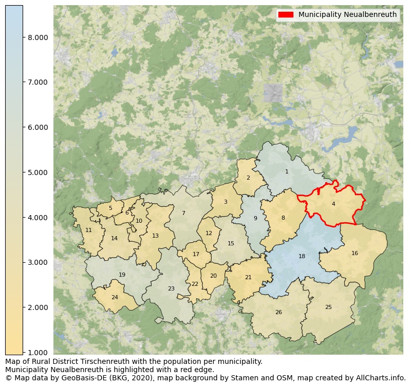 Map of Rural district Tirschenreuth with the population per municipality.Municipality Neualbenreuth is highlighted with a red edge.. This page shows a lot of information about residents (such as the distribution by age groups, family composition, gender, native or German with an immigration background, ...), homes (numbers, types, price development, use, type of property, ...) and more (car ownership, energy consumption, ...) based on open data from the German Federal Agency for Cartography, the Federal Statistical Office (DESTATIS), the Regional Statistical Offices and various other sources!