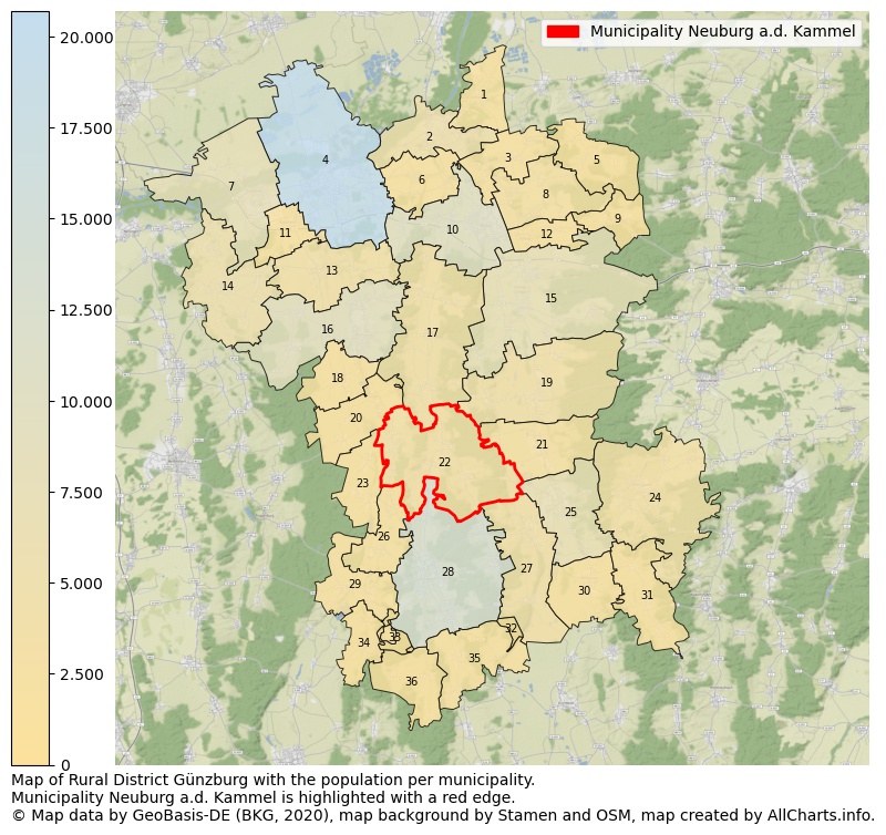 Map of Rural district Günzburg with the population per municipality.Municipality Neuburg a.d. Kammel is highlighted with a red edge.. This page shows a lot of information about residents (such as the distribution by age groups, family composition, gender, native or German with an immigration background, ...), homes (numbers, types, price development, use, type of property, ...) and more (car ownership, energy consumption, ...) based on open data from the German Federal Agency for Cartography, the Federal Statistical Office (DESTATIS), the Regional Statistical Offices and various other sources!
