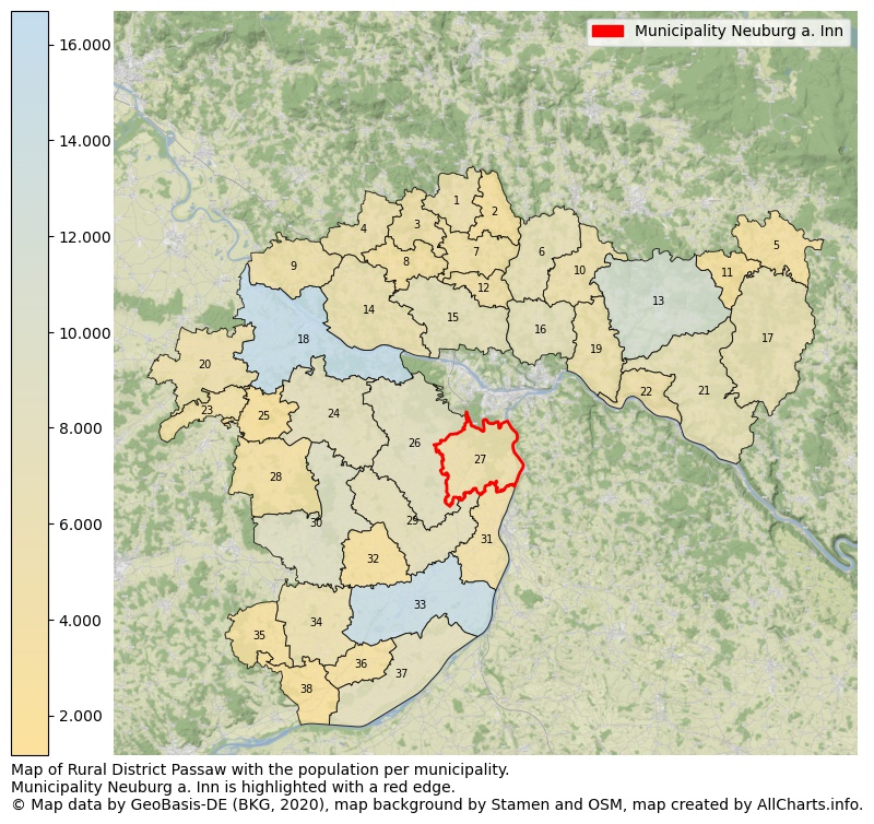 Map of Rural district Passaw with the population per municipality.Municipality Neuburg a. Inn is highlighted with a red edge.. This page shows a lot of information about residents (such as the distribution by age groups, family composition, gender, native or German with an immigration background, ...), homes (numbers, types, price development, use, type of property, ...) and more (car ownership, energy consumption, ...) based on open data from the German Federal Agency for Cartography, the Federal Statistical Office (DESTATIS), the Regional Statistical Offices and various other sources!