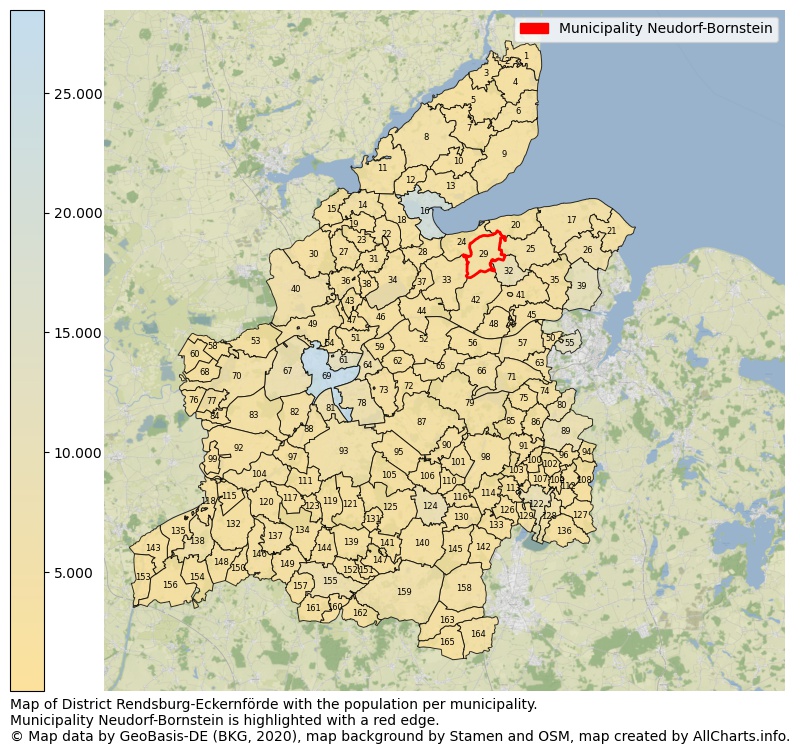Map of District Rendsburg-Eckernförde with the population per municipality.Municipality Neudorf-Bornstein is highlighted with a red edge.. This page shows a lot of information about residents (such as the distribution by age groups, family composition, gender, native or German with an immigration background, ...), homes (numbers, types, price development, use, type of property, ...) and more (car ownership, energy consumption, ...) based on open data from the German Federal Agency for Cartography, the Federal Statistical Office (DESTATIS), the Regional Statistical Offices and various other sources!