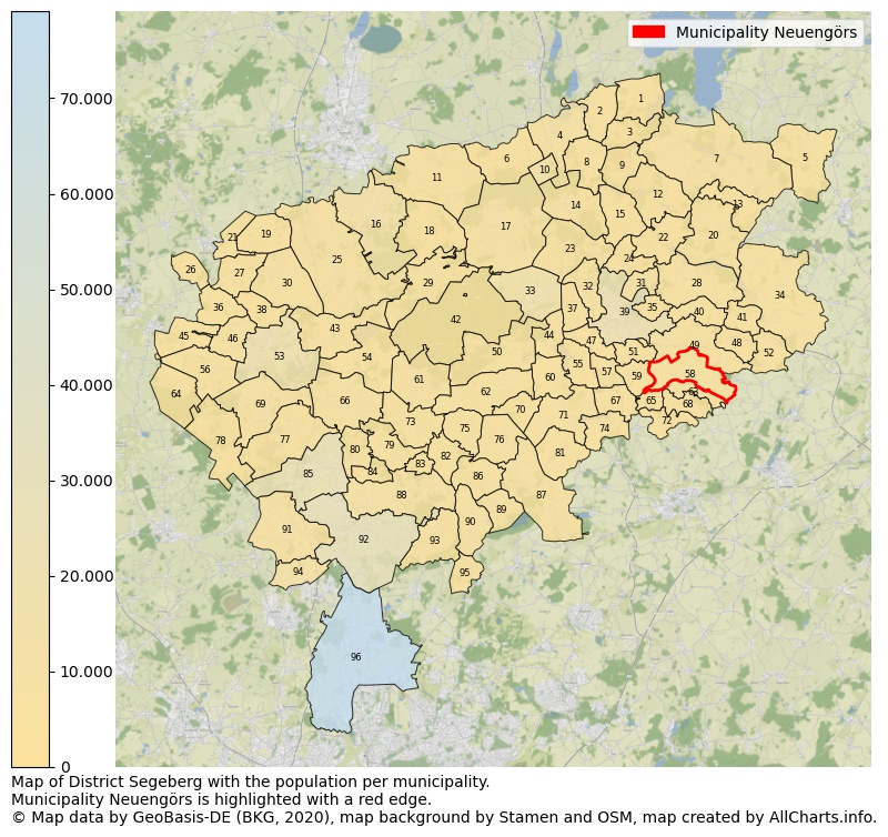 Map of District Segeberg with the population per municipality.Municipality Neuengörs is highlighted with a red edge.. This page shows a lot of information about residents (such as the distribution by age groups, family composition, gender, native or German with an immigration background, ...), homes (numbers, types, price development, use, type of property, ...) and more (car ownership, energy consumption, ...) based on open data from the German Federal Agency for Cartography, the Federal Statistical Office (DESTATIS), the Regional Statistical Offices and various other sources!